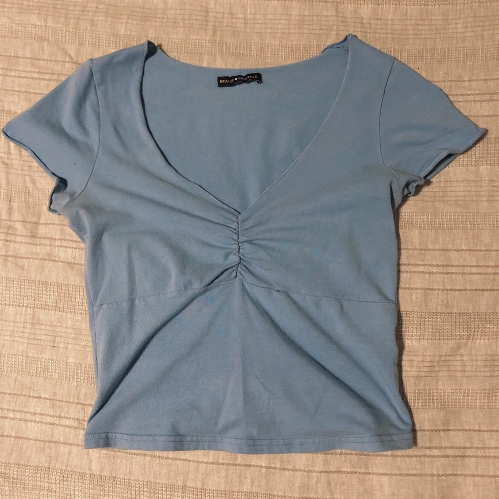 Brandy Melville Blue V-Neck Cinched Tight Crop Top
